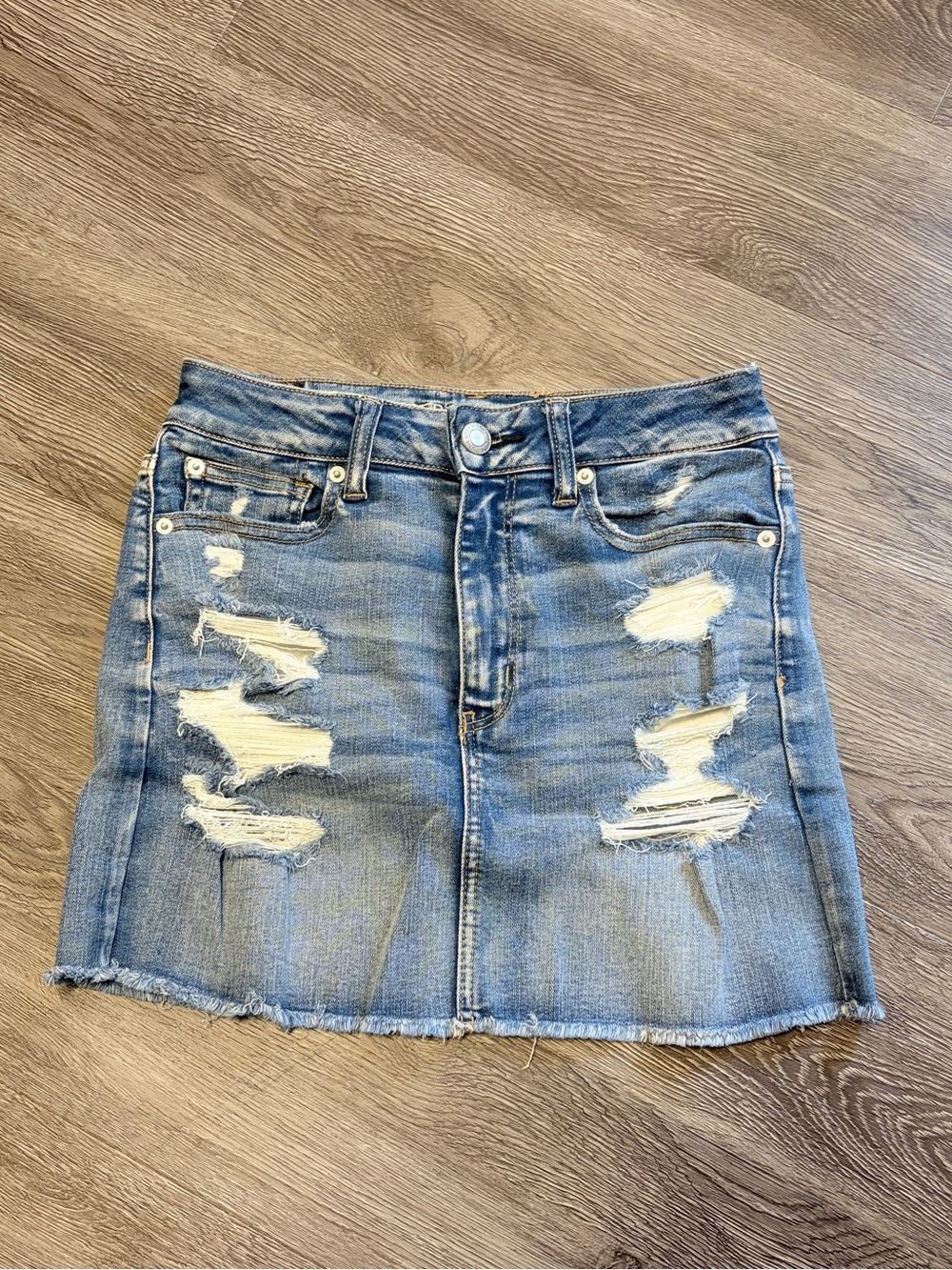 American Eagle Outfitters Light Blue Distressed Denim Mini Skirt